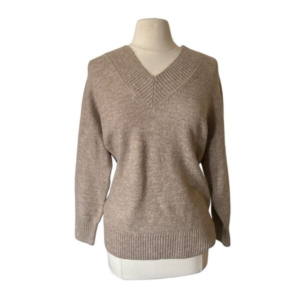 Mango MNG V-Neck‎ Sweater Small Taupe Knit Long Sleeve Casual Pullover - Picture 2 of 8
